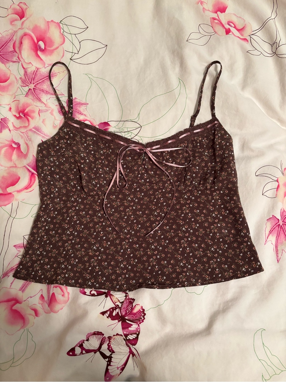 Brown and Pink Floral Top with Ribbon Detail